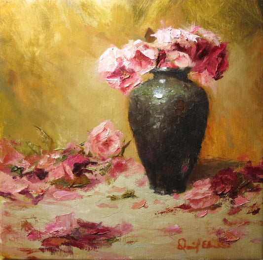black vase with flowers